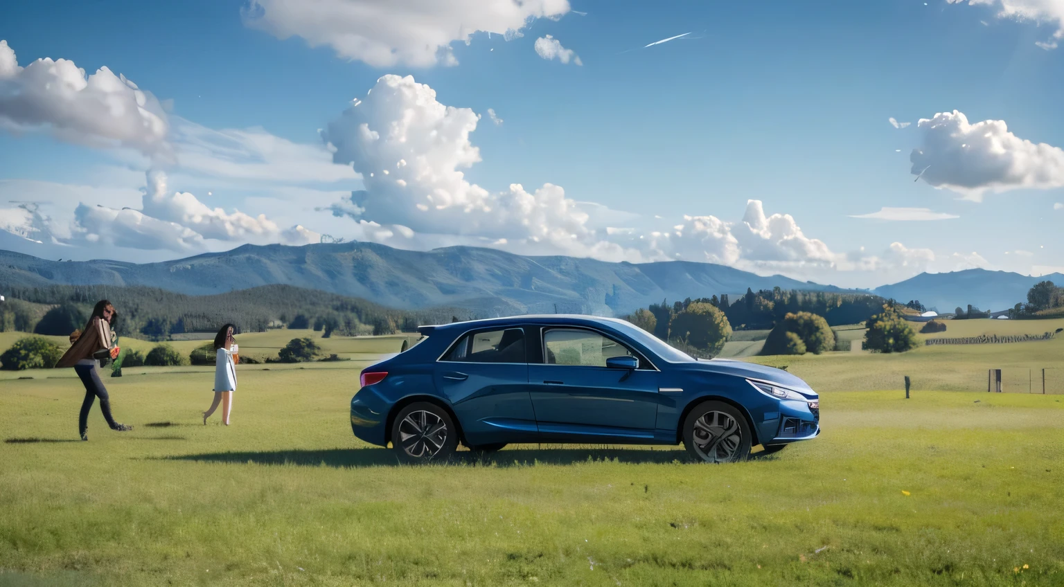 In autumn, under the blue sky and white clouds, a few people are playing on the grassland. There is a car with a distant view, and the characters are displayed on the left side of the picture, accounting for a quarter of the picture
