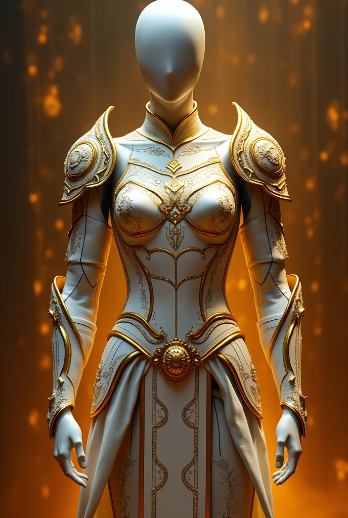 A mannequin, wearing armor with a divine and imposing aura of a legendary warrior from an army of D&D with a strong presence, The prominent colors of the armor are gold and white.
This armor represents the spirit of the sun, who is a deity for these people.
This armor must fit tightly to the body., implying that it is lighter, This armor should be more striking in colors.