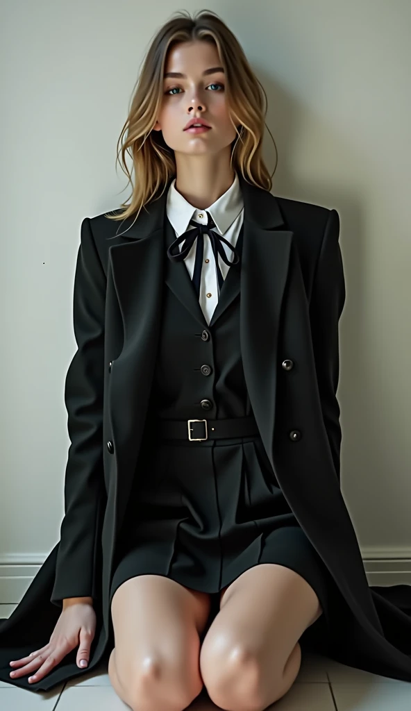 wearing black coat on black school uniform, bondage on hand, blow job sitting on knees on floor, no dick, looking at you with mouth open, front view, no side view, submissive, , light background, white girl of