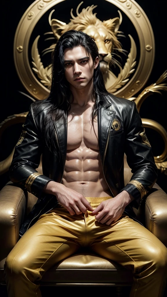 The image shows a handsome man with long black hair and golden eyes wearing a black jacket with yellow details and black pants.. He has a muscular body and is sitting with a large golden lion beside him.. The lion is looking at the viewer and looks proud. The man is relaxed and confident, looking at the camera. The image has an anime aesthetic and can be described as a portrait of a handsome and powerful man with a lion that symbolizes strength and power..