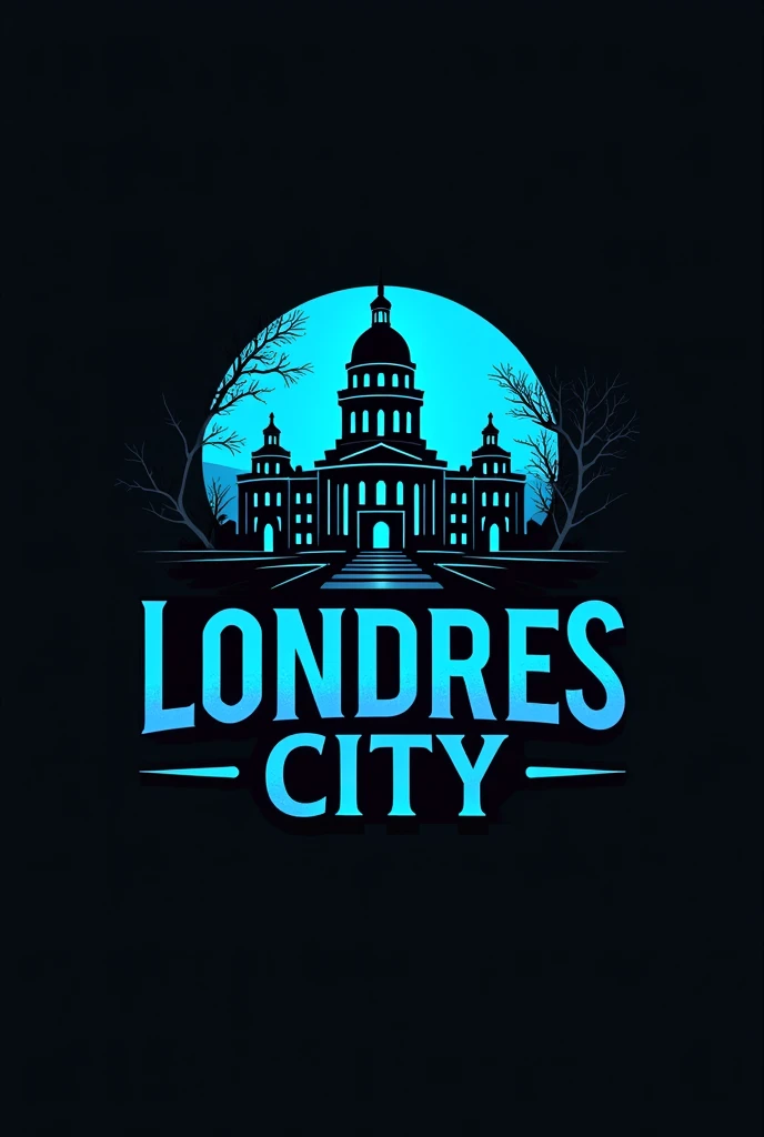 Roleplay server logo, building in the background, black and blue theme, Written "Londres City"