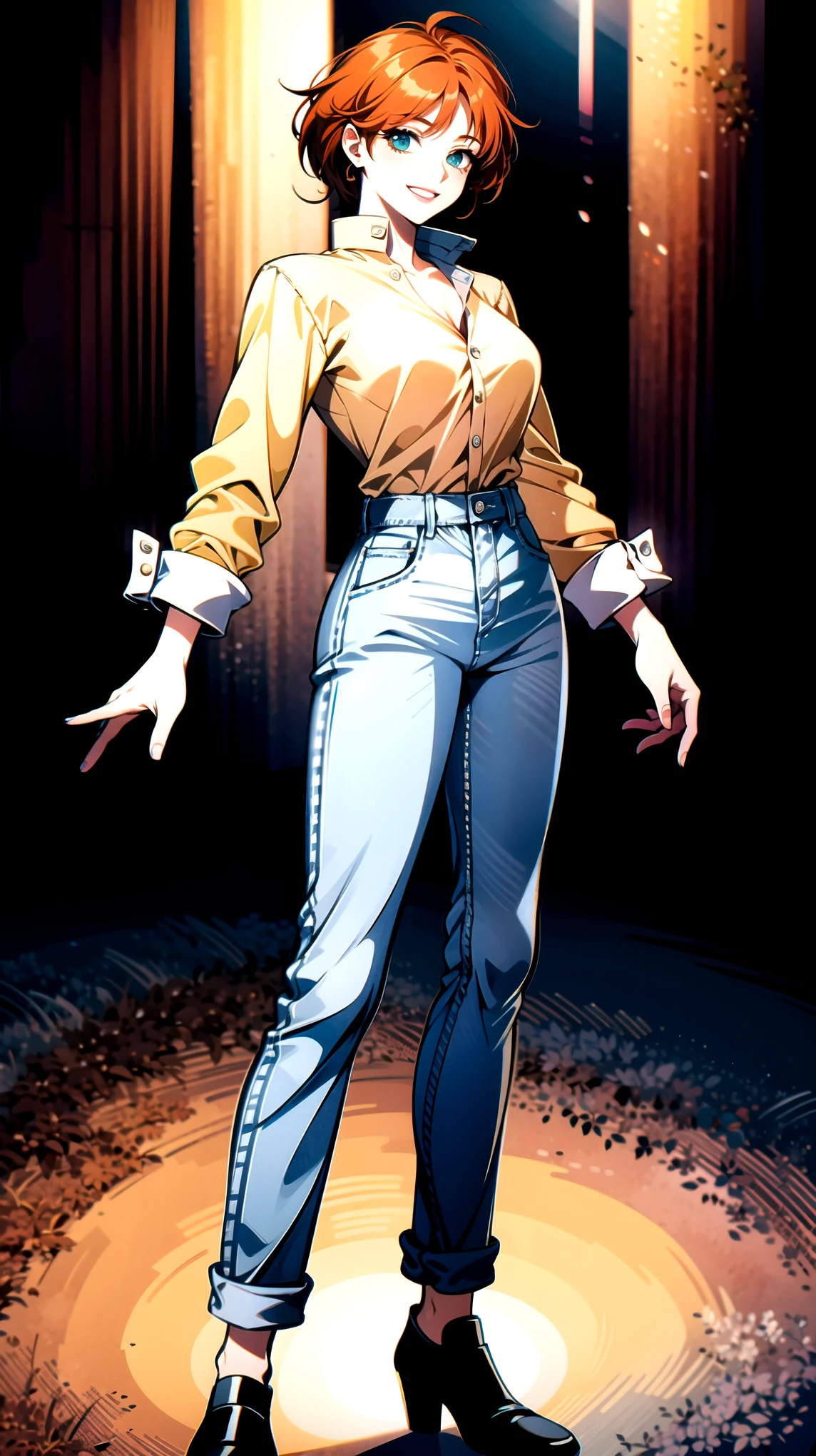 （（super high quality,））（（Ultra-high resolution,））（16K,）（super masterpiece,）（（Ultra HD ,））（Detailed shading,）Full body photo,One Woman,A white shirt with the collar turned up,Long sleeve,Denim pants,smile,