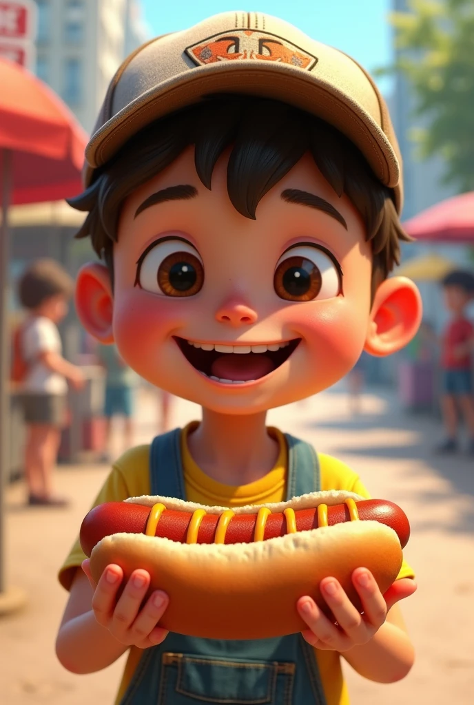 A boy eating Hot dog realistic