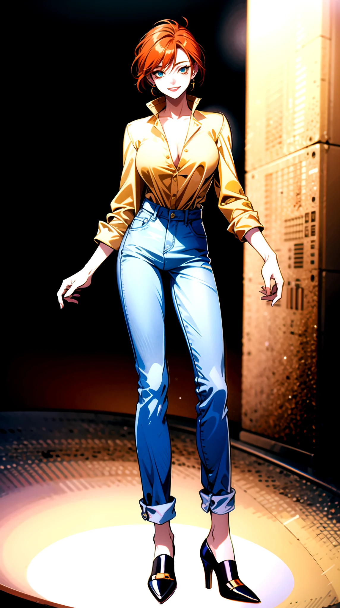 （（super high quality,））（（Ultra-high resolution,））（16K,）（super masterpiece,）（（Ultra HD ,））（Detailed shading,）Full body photo,One Woman,A white shirt with the collar turned up,Long sleeve,Denim pants,smile,