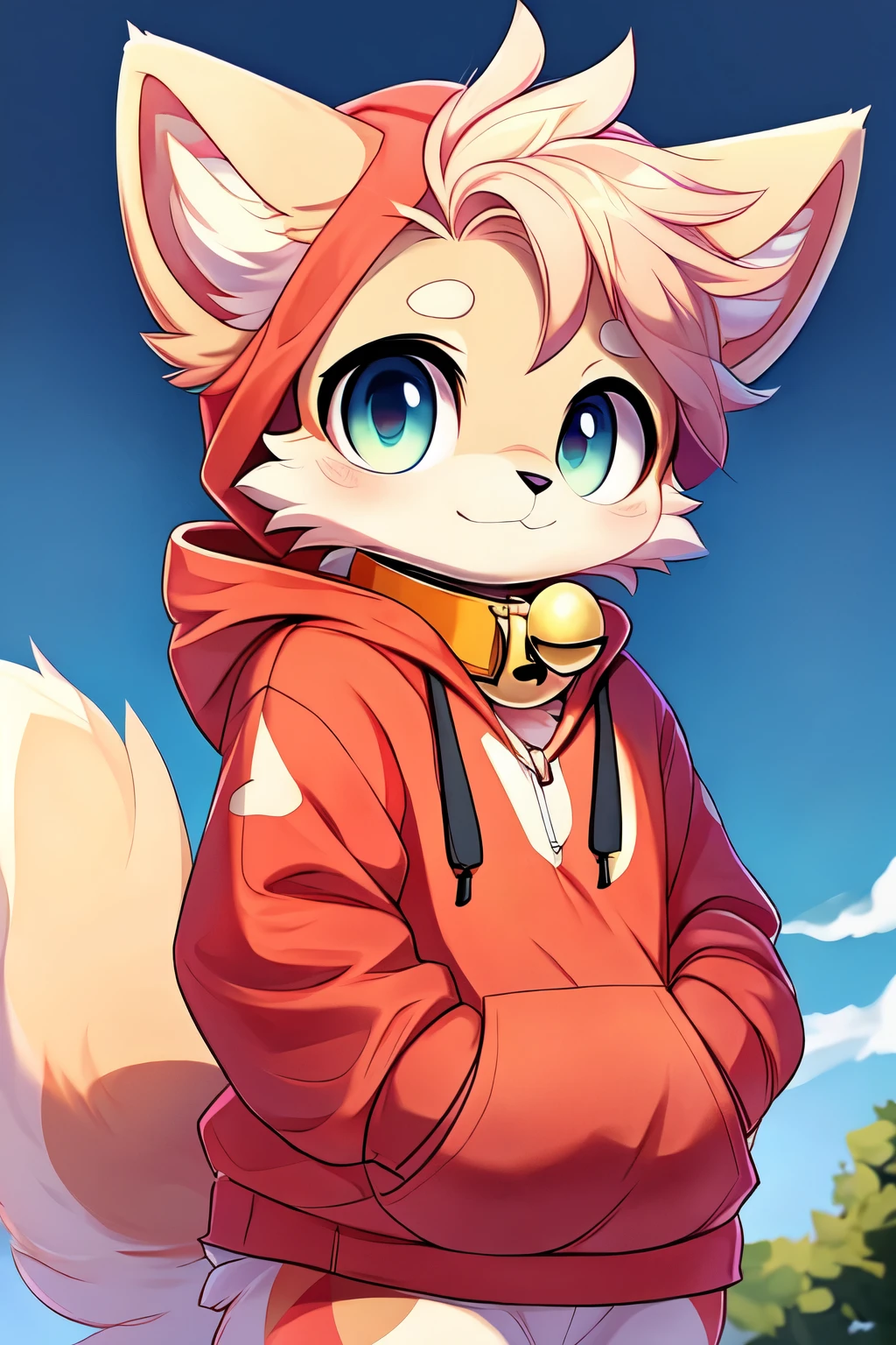Create an image of a furry femboy character with a similar style to the provided reference. The character should have soft, fluffy fur, large expressive eyes, and a shy or cute pose. The character wears a cozy hoodie and has a bell collar around their neck. The character's fur is primarily light-colored with some pinkish or reddish accents, and they have a fluffy tail. Ensure the style is cute and anime-inspired, with pastel colors and soft shading.