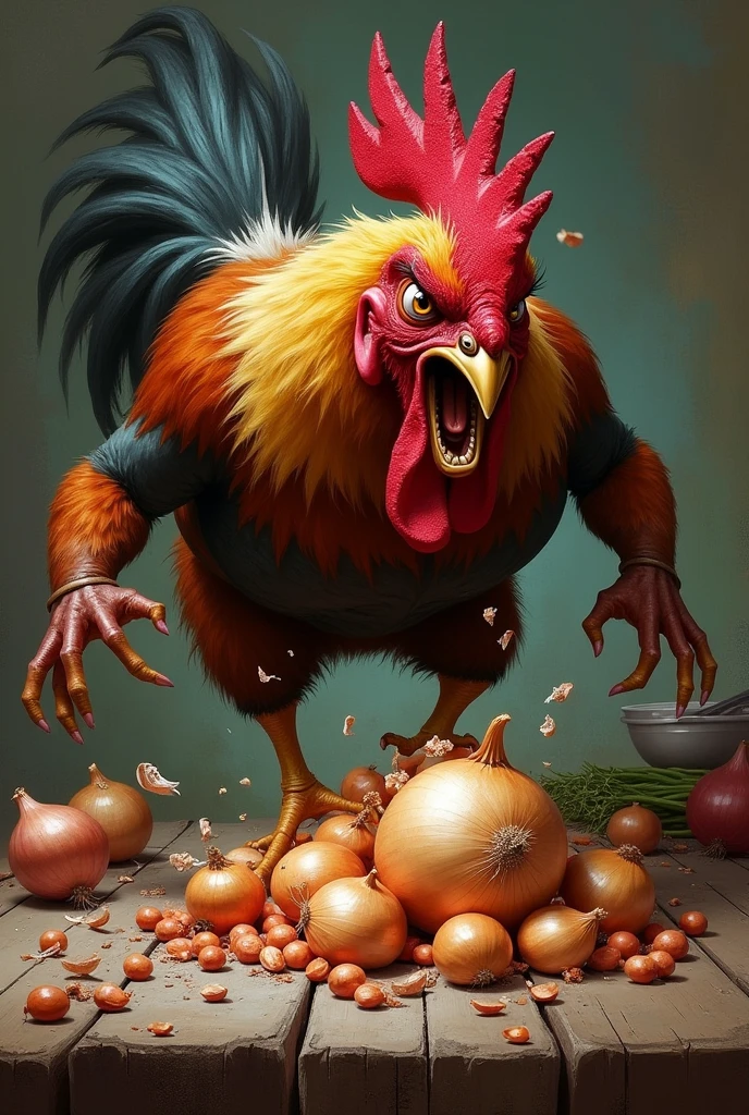  angry rooster, mashing onions