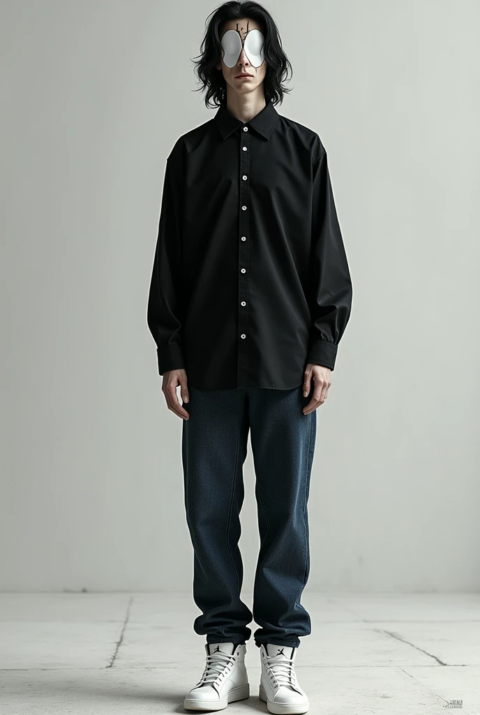 1,80 tall and VERY thin, black hair and a black button down shirt with dark blue jeans and white Jordans. eye white (blind) and several scars, including one on the eyes