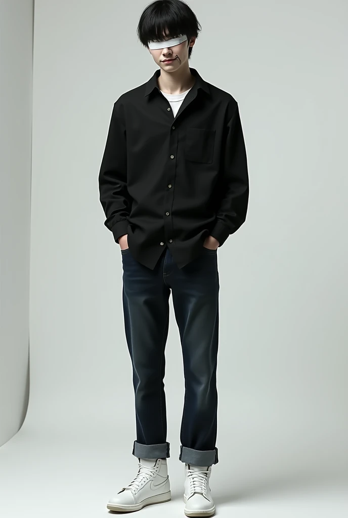 1,80 tall and VERY thin, black hair and a black button down shirt with dark blue jeans and white Jordans. eye white (blind) and several scars, including one on the eyes 