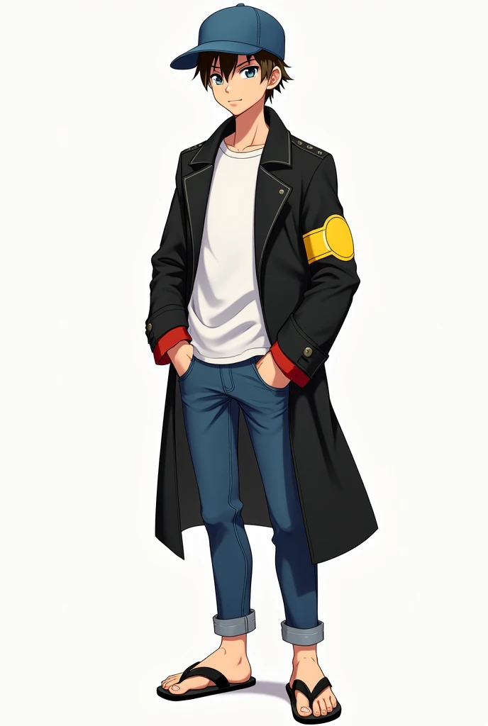 create a very young male character with a blue flat brim cap on the side. The brown hair underneath the cap with almost no hair left outside the cap, big, bright baby blue eyes. The character's shirt must be white and jeans blue and on his feet flip-flops like Brazilian Havaianas all black. On top of everything, a black trench coat with a red cuff on the red sleeve. Add a yellow stripe a little below the shoulder. This stripe should continue in a circular fashion around the entire trench coat. Turn the hat to the side.