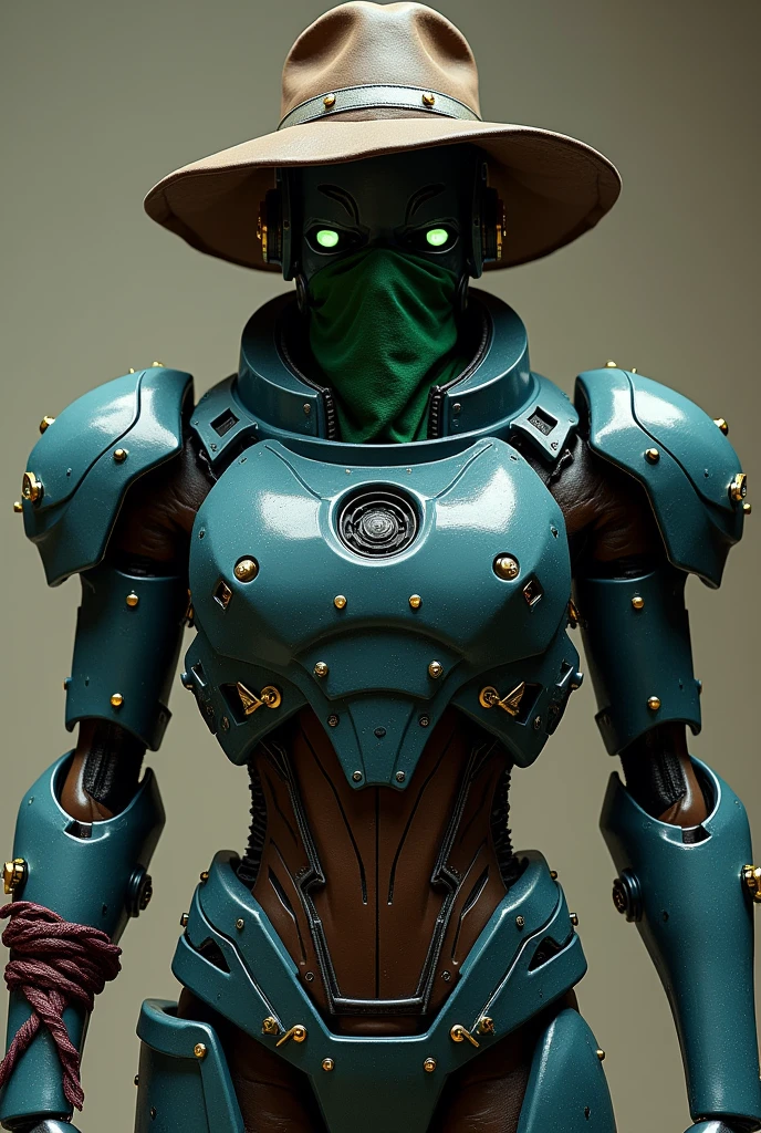1 animatronic, The animatronic would have equipped a futuristic chest covering most of its torso., Part of the subject's futuristic armor would have a dark green color, He would have a brown hat on his head, The subject would have a green handkerchief covering his nose, revealing his bright green eyes., The subject would have a blood-colored ribbon surrounding the left forearm, The color of the animatronic would be a dark blue color