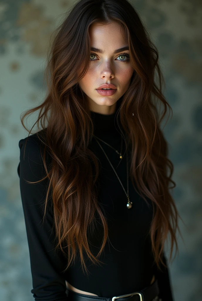Believe me, a woman singer, long brown hair, pircing, black clothes, flaquita, White skin, who likes rock, Photoshoot