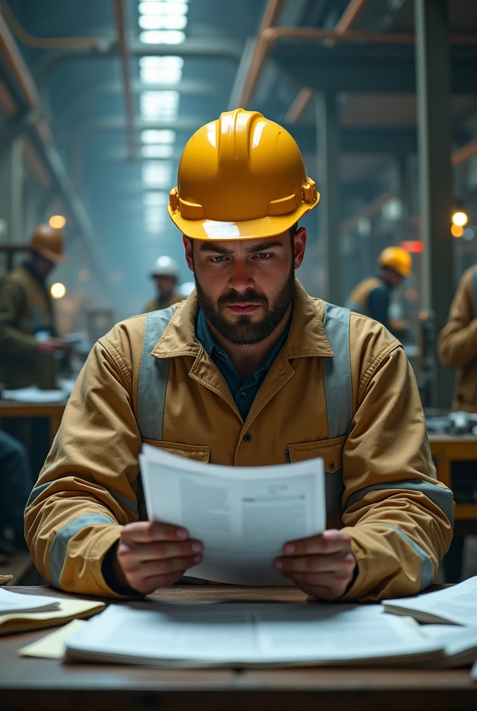 The electrical engineer in the factory is sitting behind the desk in work clothes and a helmet, he is seriously working, he is looking down at the paper and the stack of bills