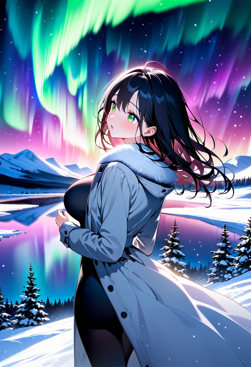 a girl, snow-covered landscape, midnight, stunning aurora, girl gazing at aurora, beautifully shaped modestly large breasts, slim waist, fair skin, beautiful, petite, slender figure, fine hair, beautiful hair, warm coat, cozy, back shot, detailed face, mesmerizing eyes, captivating expression, artistic depth, emotional resonance, masterpiece, ultra high quality illustration, high resolution, 16k, delicate details, breathtaking background, (SuperQuality:1.2)