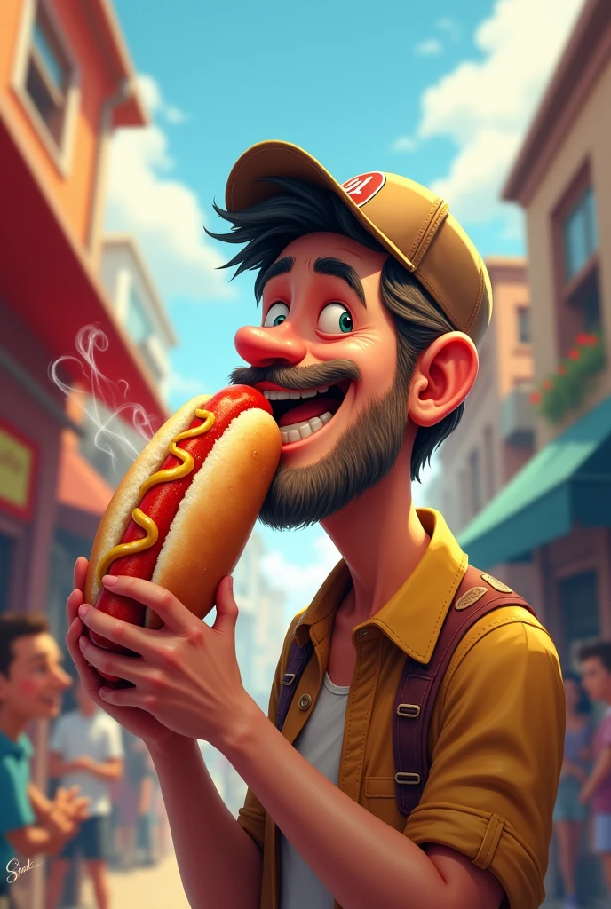 An adult with a cap and a hot dog