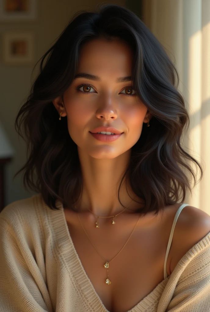 Create a hyper-realistic portrait of a woman in her early 30s with olive-toned skin and wavy, shoulder-length black hair. She has expressive brown eyes, full lips, and a gentle smile. Her makeup is minimal, focusing on enhancing her natural beauty, with a slight emphasis on her eyes. She wears a casual, yet stylish, outfit—such as a soft, beige sweater with a delicate necklace. The background is a softly blurred indoor setting with warm lighting, highlighting the texture of her skin, the strands of her hair, and the depth in her eyes, creating a serene and intimate atmosphere.