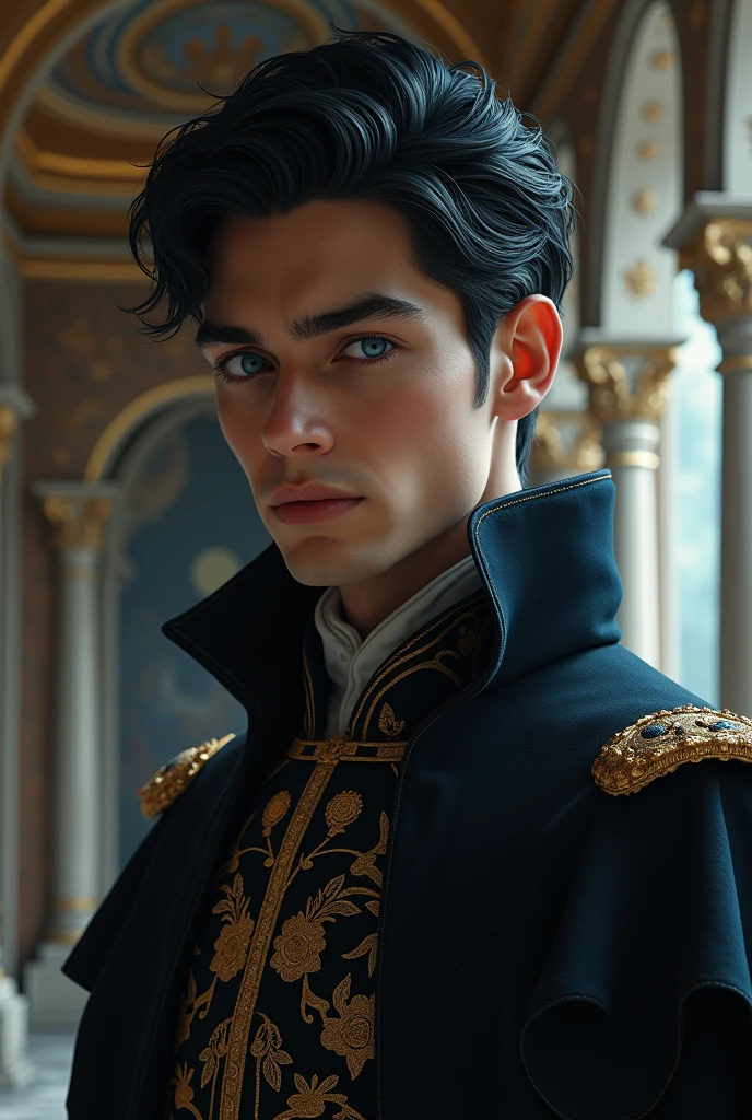 A very handsome young prince with black hair and blue eyes and a scary look