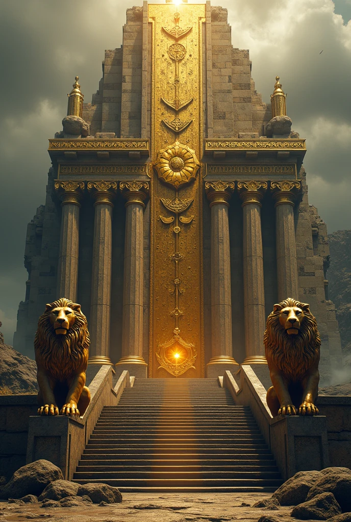 a majestic 99-step gold and bronze temple, architecture inspired by Greek mythology, with two bronze lions on the left and right side, intricate stone carvings, towering columns, dramatic lighting, epic fantasy landscape, digital art, cinematic composition, moody colors, dramatic lighting, ultra-detailed, 8k, photorealistic