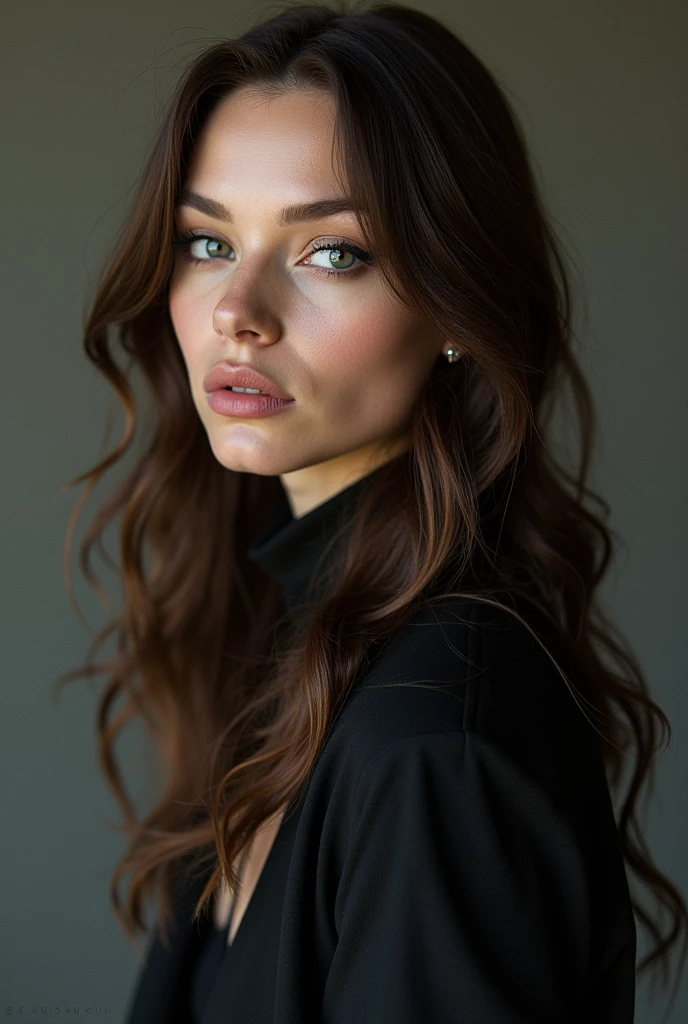 Believe me, a woman singer, long brown hair, pircing, black clothes, flaquita, White skin, who likes rock, Photoshoot