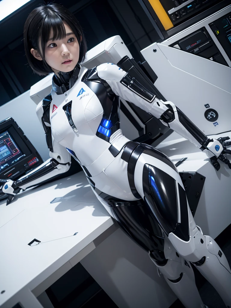 Japanese female android,Black Hair,lying face up on a table,fixed with a belt,Plump,Slightly thicker,White robot suit,There is a control panel on the chest.,Robotic arms and legs,A room filled with machines,