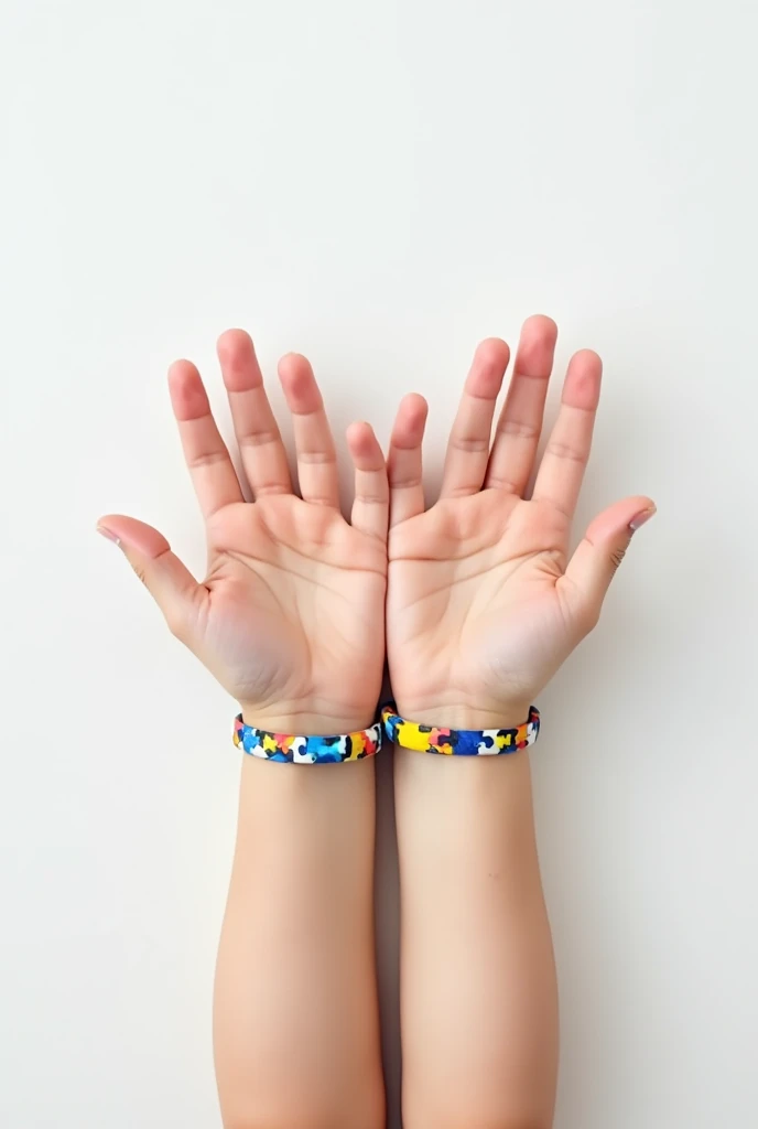 create an image WITH A CHILD'S HANDS raised up WITH AN AUTISM BRACELET ON A WHITE BACKGROUND