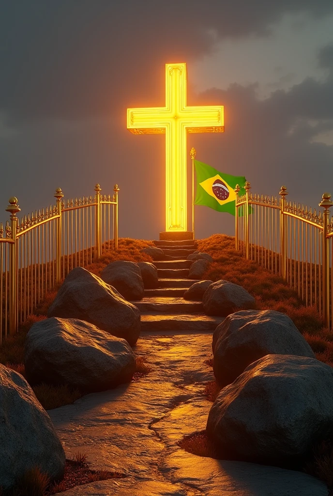 A hill with an illuminated cross, below several large stones, surrounded by a detailed gold colored fence, with the viewpoint having the Brazilian flag behind the cross, from the state of Santa Catarina and the municipality of Paulo Lopes with golden rods