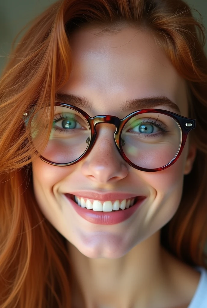 Une photo ultra réaliste d'une Une jeune femme rousse (22 ans,visage innocent et les yeux bleux) avec un magnifique sourire et des taches de rousseurs et une paire de lunette ronde. 