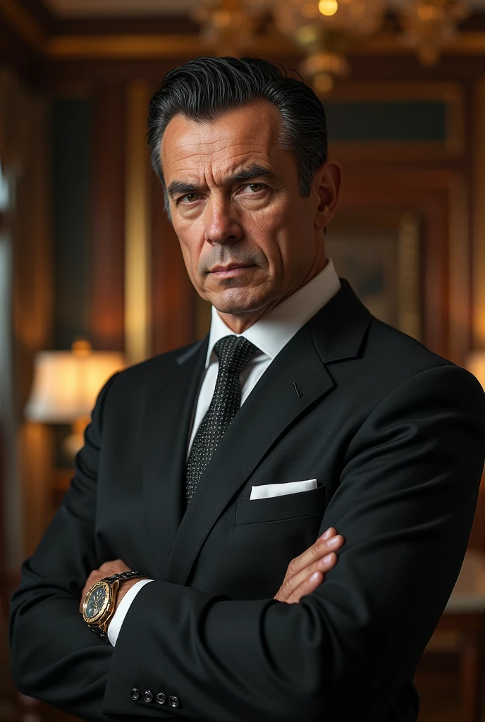 imposing millionaire man with black hair and light eyes
