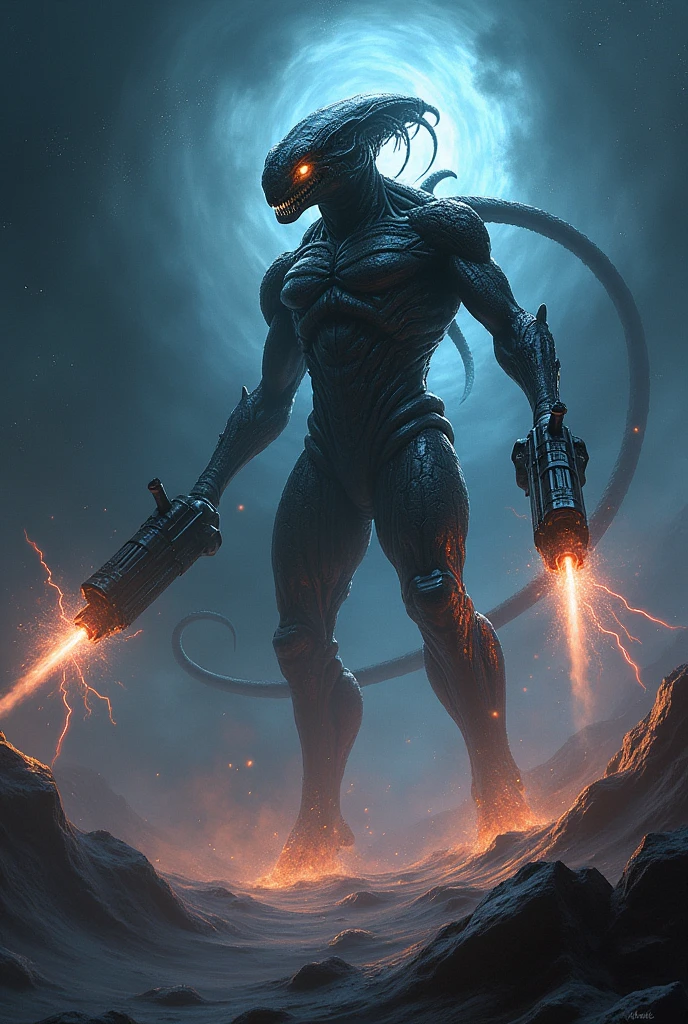 THE PREDATOR CREATURE COMING FROM SPACE WITH POWERFUL WEAPONS.