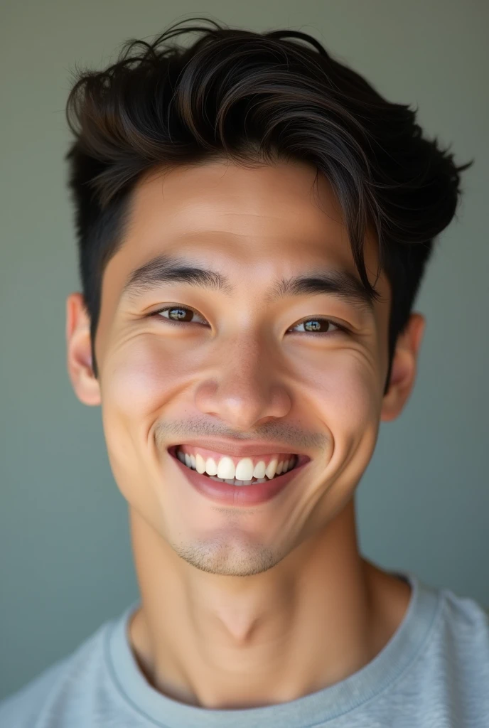 Portrait of an attractive young man, with natural and realistic appearance. He must have well-groomed hair, with a modern style, and a confident smile. The background should be neutral or blurred to highlight the face.. Lighting should be soft and uniform, highlighting facial features without exaggeration. The young man must be posing in a relaxed manner, with an expression that conveys sympathy and confidence."