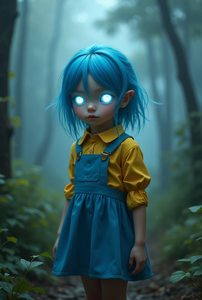 A girl,with bright white eyes,with blue hair and a lock of yellow hair,with a short blue dress and a yellow shirt,and that it is in a foggy forest