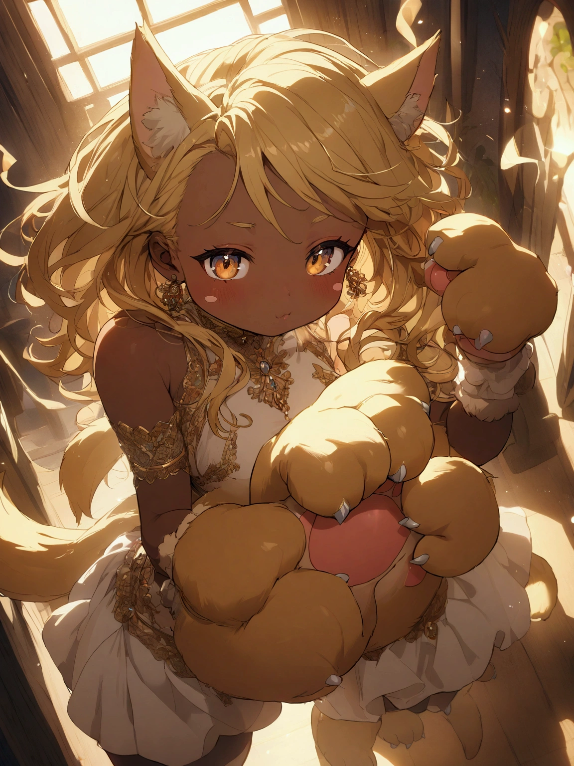 a beautiful girl with brown skin, dark skin, golden hair, chubby cheeks, cat paws, detailed facial features, soft lighting, highly detailed, anime girl, blonde hair, fox girl, cat paws, paw pads