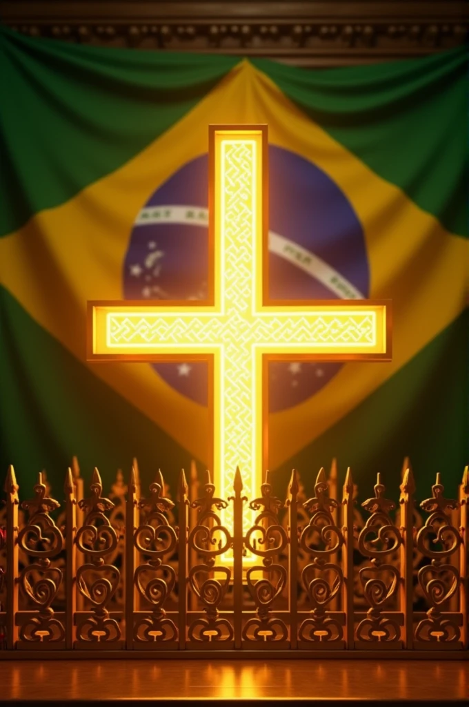 An illuminated cross, surrounded by a detailed gold colored fence,having the Brazilian flag behind the cross, from the state of Santa Catarina and the municipality of Paulo Lopes with golden rods
