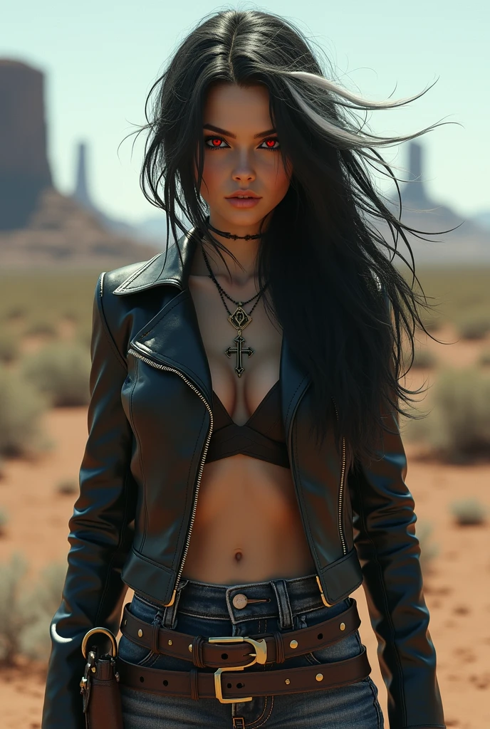 Cowgirl with red eyes, black cross pupils and black and white hair.