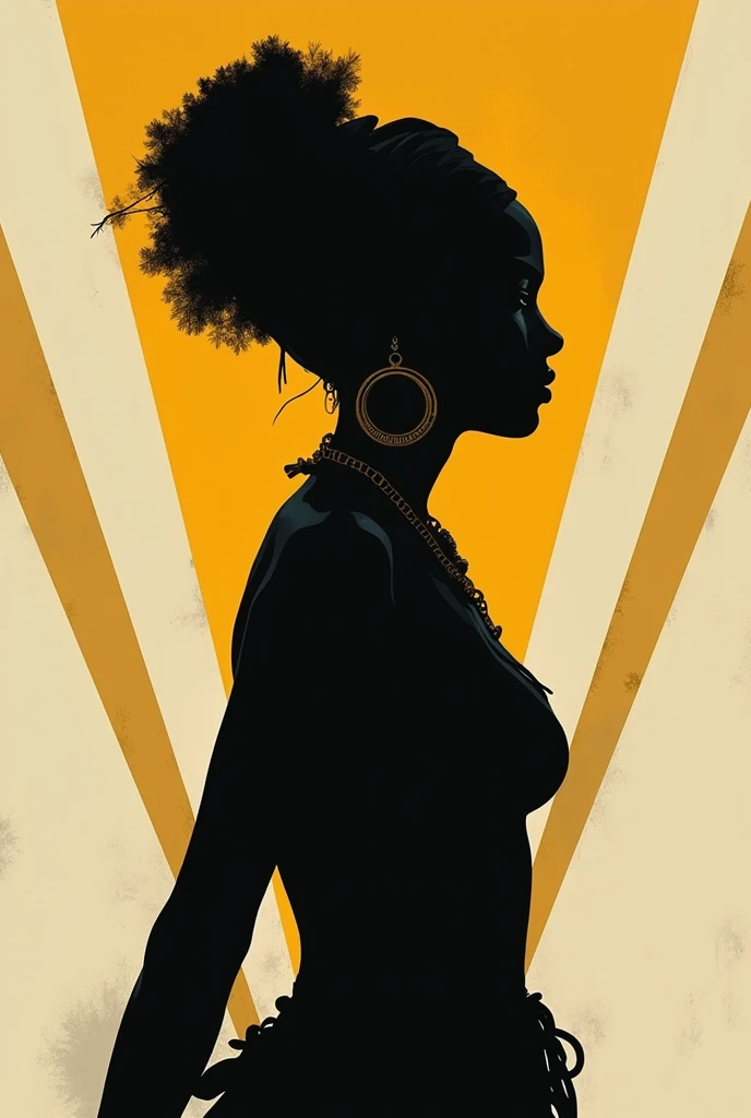 Create a 2d drawing, woman silhouette in profile, black, faceless quilombola, wearing turban, warrior pose, big earrings, beige prevalence , Unripe, blackw, rot, yellow. Background with aligned triangles.