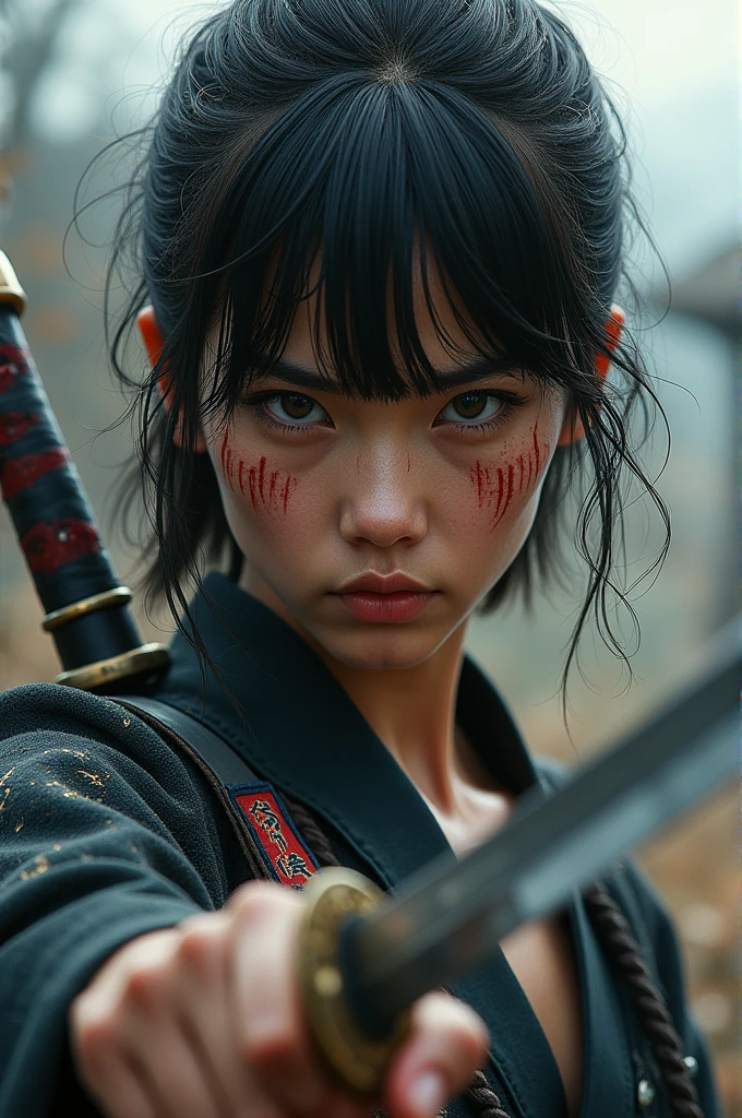 a Japanese female character, with bangs, blood in The face, short hair and an intimidating appearance, with a katana from his ancestors