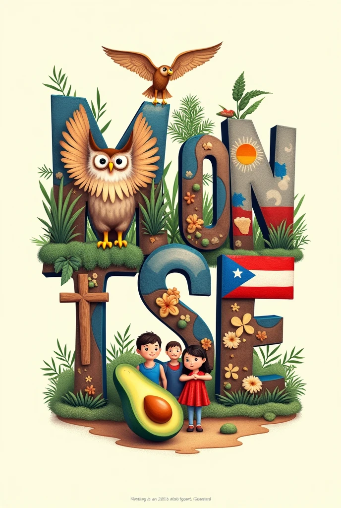 Write the word MONTSE. Inside the M draw the flag of Chile. inside the O draw the flag of Costa Rica. inside the N draw an owl. inside the T draw a cross. inside the S draw an avocado. inside the E draw a family