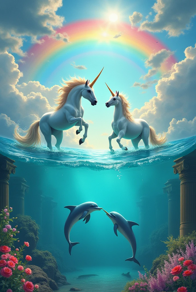 Unicorns,  dolphins , Mar , rainbow, flores, clouds , column 
