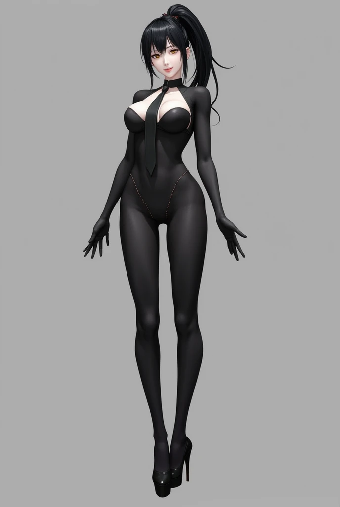 Eve, stellar blade, 8k,highres, 1girl, front lighting, simple background, gray background, looking at the viewer, fitted suit space, bodysuit, black hair and dark black hair, fringe, hair tied in ponytail style, video game, heels, gloves, ass, boobs, honey colored eyes, white skin, korean, small tie, makeup eyes, 3D, nude, naked, xxx, fuck