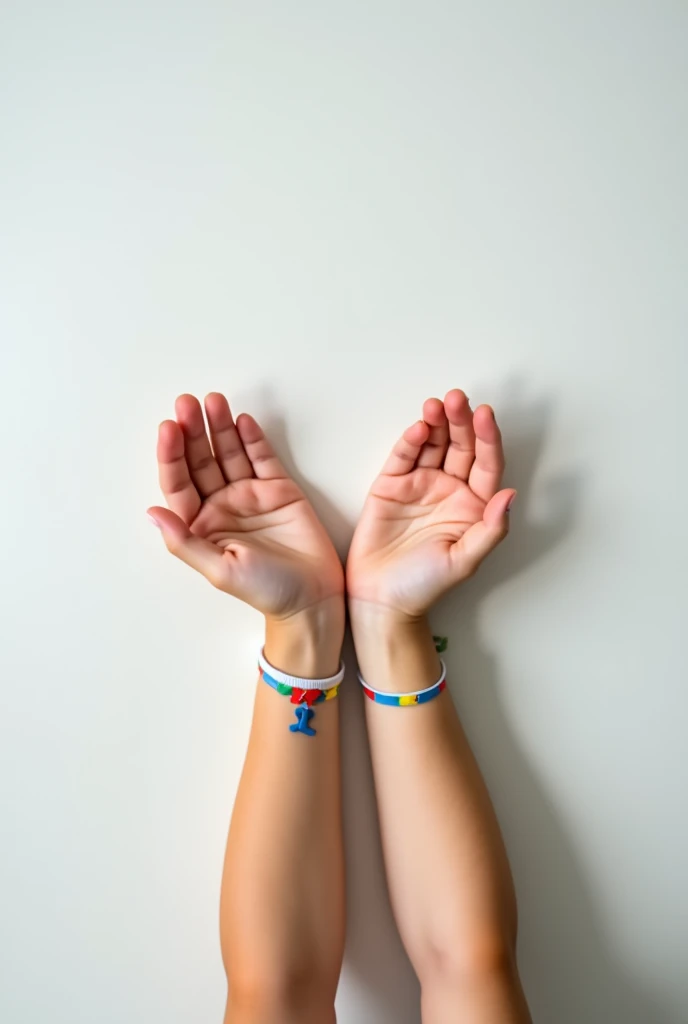 create an image WITH A CHILD'S HANDS with their backs raised upwards WITH AN AUTISM BRACELET WITH A WHITE BACKGROUND