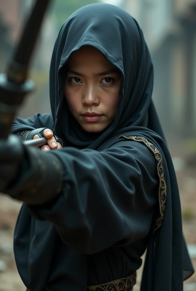 A beautiful Malay woman in a black hijab with a mask fighting and archery
