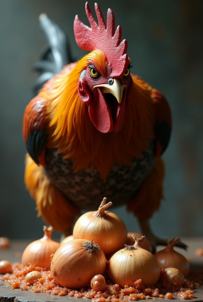A big angry rooster, mashing onions