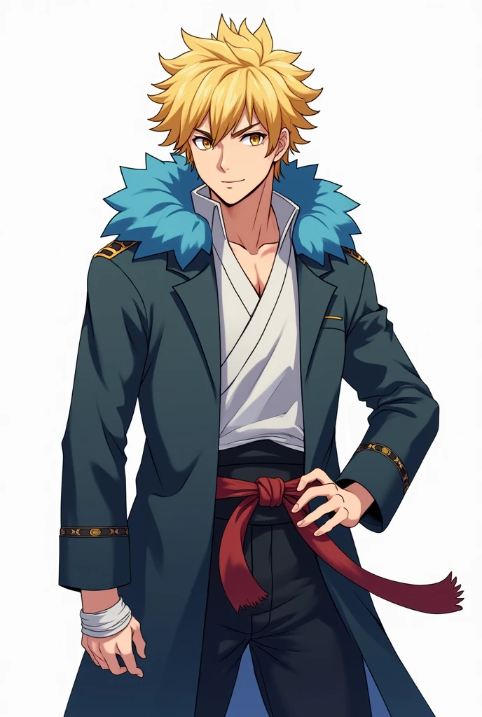 Jujutsu Kaisen, masculine, attractive, blonde hair, short and messy hair, eyes the color of honey, jujutsu kaisen sorcerer uniform with blue polar fur on his hood, black baggy pants, black shoes, bandage on one of his hands, superb smile, Whole body, white background, anime, 4k