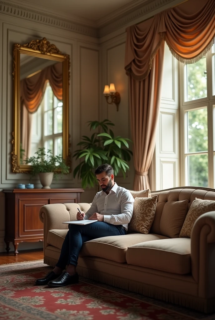 A man in a clean and organized mansion working on his sofa