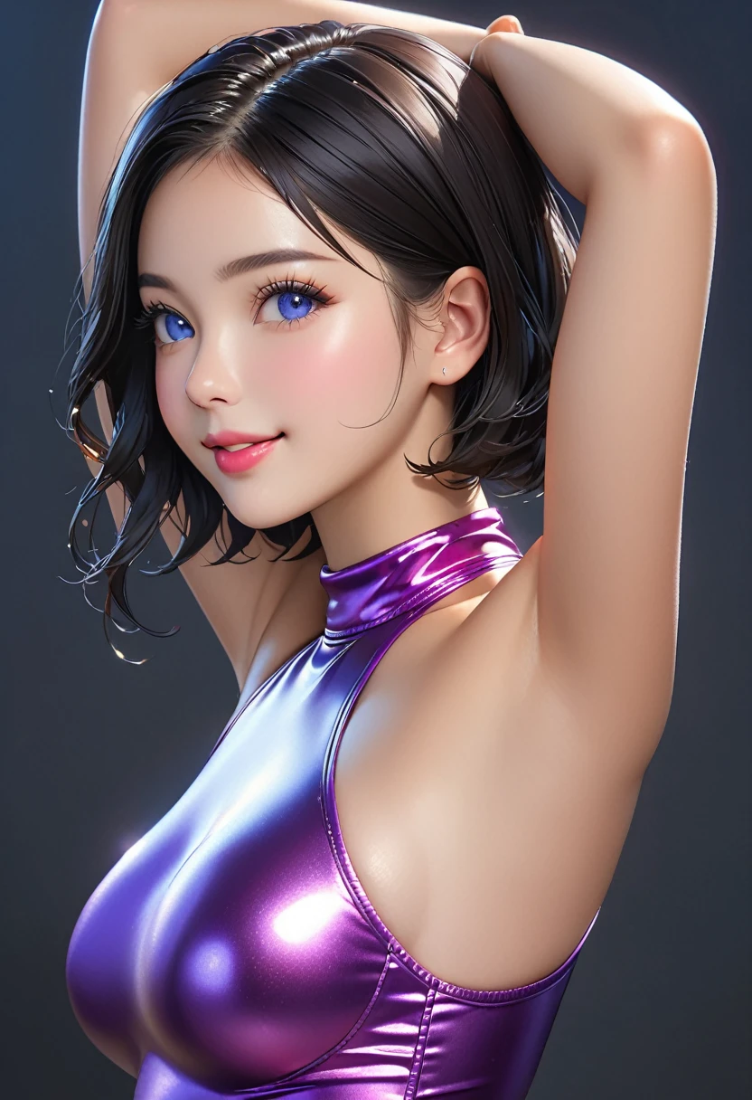 Highest quality, masterpiece, Ultra-high resolution, Realistic, RAW Photos, Intricate details, Portraiture, Perfect contours, break ((whole body:1.5, from side:1.2, looking viewer:1.2)), (small, short, :1.2), Big beautiful blue eyes, Black Hair、Braided Bob, (make up:1.5, shine lips:1.5, full lips:1.5, pink lips), break ((Top model posing:1.2)), (Firm breasts:1.2, High chest:1.5), (Curvy waist:1.2), Competitive swimmer, (one piece:1.2, turtleneck:1.2, Sleeveless swimwear:1.2, barefoot), (Super gloss metallic purple, glowing:1.5, tight high leg swimsuit:1.2), break (Place your hands above your head:1.5、Arch your back:1.5)、(Smiling Kindly、Close your mouth、Watery eyes:1.5), (Wet Skin), (Beautiful wrinkle-free armpits:1.5), (Empty-handed)、The background is a photography studio