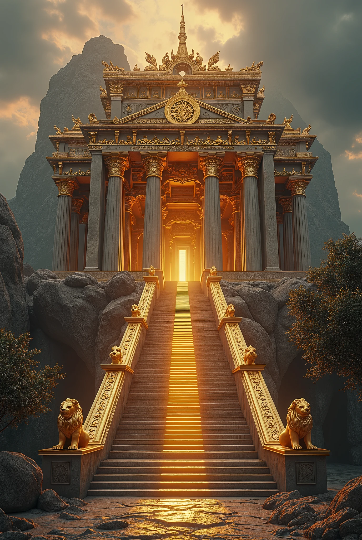 a majestic 99-step gold and bronze temple, architecture inspired by Greek mythology, with two bronze lions on the left and right side, intricate stone carvings, towering columns, dramatic lighting, epic fantasy landscape, digital art, cinematic composition, moody colors, dramatic lighting, ultra-detailed, 8k, photorealistic