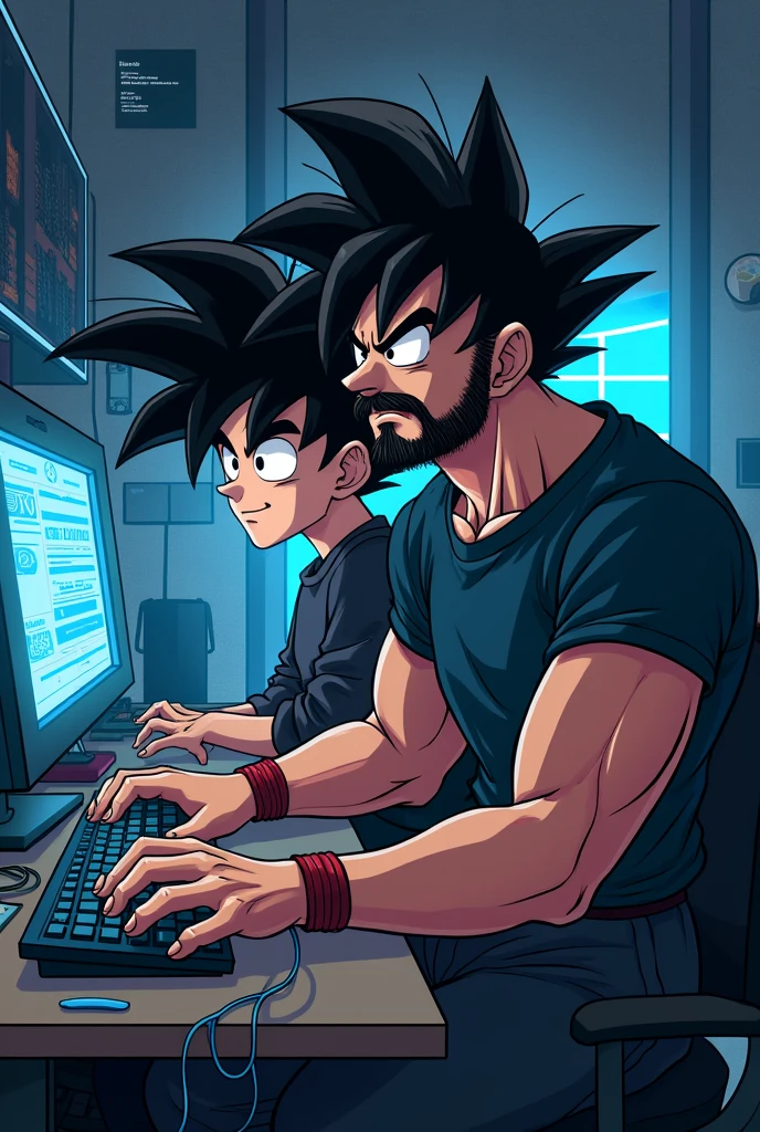 two dragon ball style brothers but one with a mustache and the other with a beard wearing dark clothes using a computer also insert computing and windows , have computer science in the background