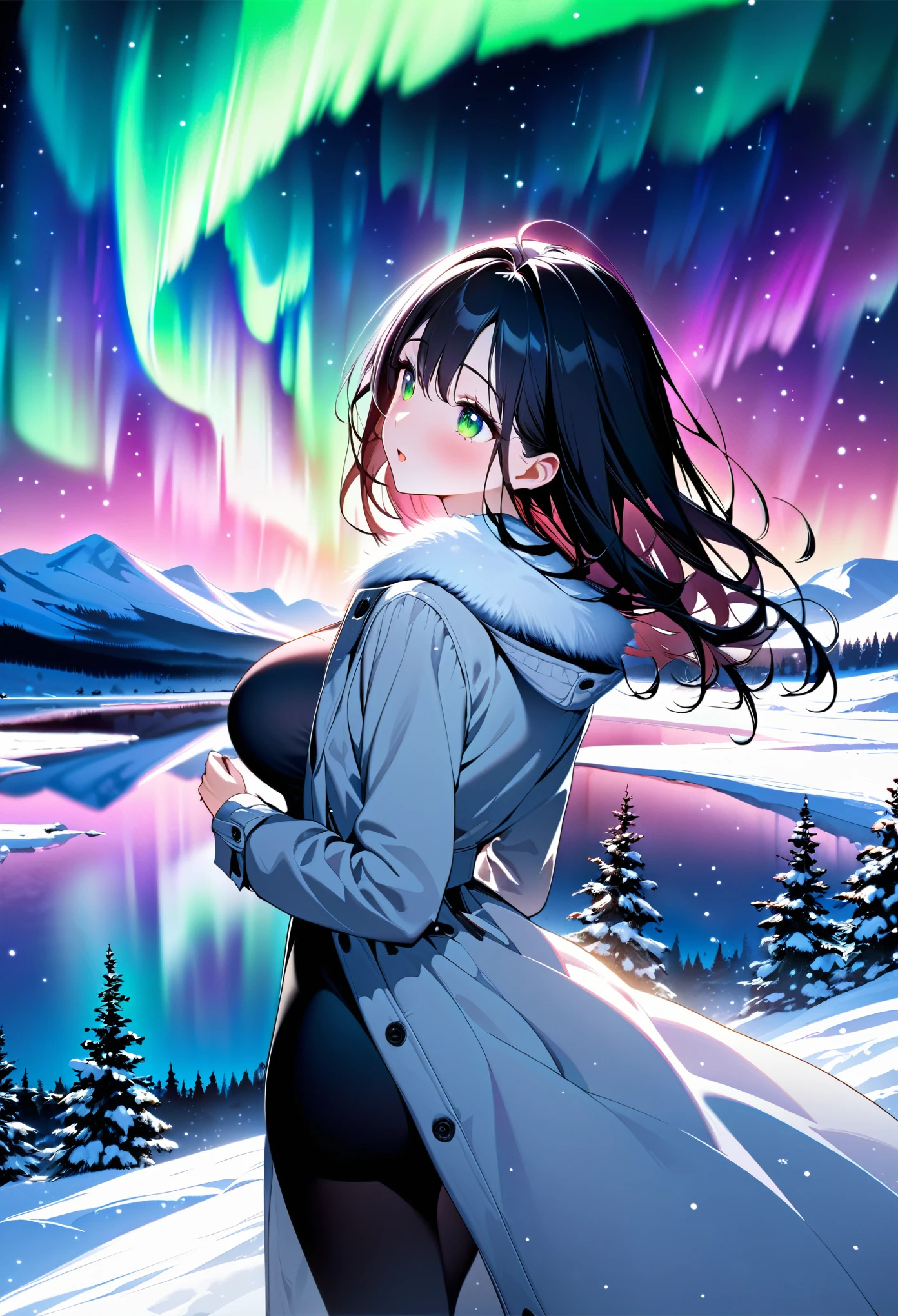 a girl, snow-covered landscape, midnight, stunning aurora, girl gazing at aurora, beautifully shaped modestly large breasts, slim waist, fair skin, beautiful, petite, slender figure, fine hair, beautiful hair, warm coat, cozy, back shot, detailed face, mesmerizing eyes, captivating expression, artistic depth, emotional resonance, masterpiece, ultra high quality illustration, high resolution, 16k, delicate details, breathtaking background, (SuperQuality:1.2)