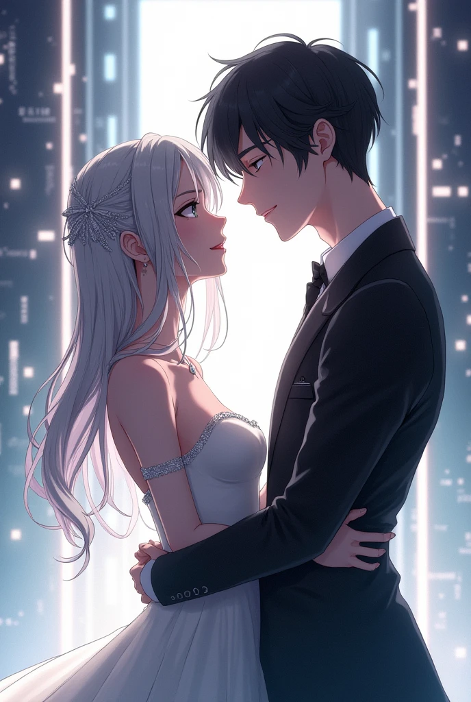 Sanakan and Cibo from Blame! Manga in a wedding dress), (sci-fi theme) suit black hair, dress striking silver hair, Eyes staring at each other, Futuristic atmosphere Emphasizes radiance pure atmosphere Intricate details of the outfit A soft but bright light shines from above. Intimate and romantic atmosphere Highly detailed, exceptionally detailed, cinematic quality, emotionally charged scenes.