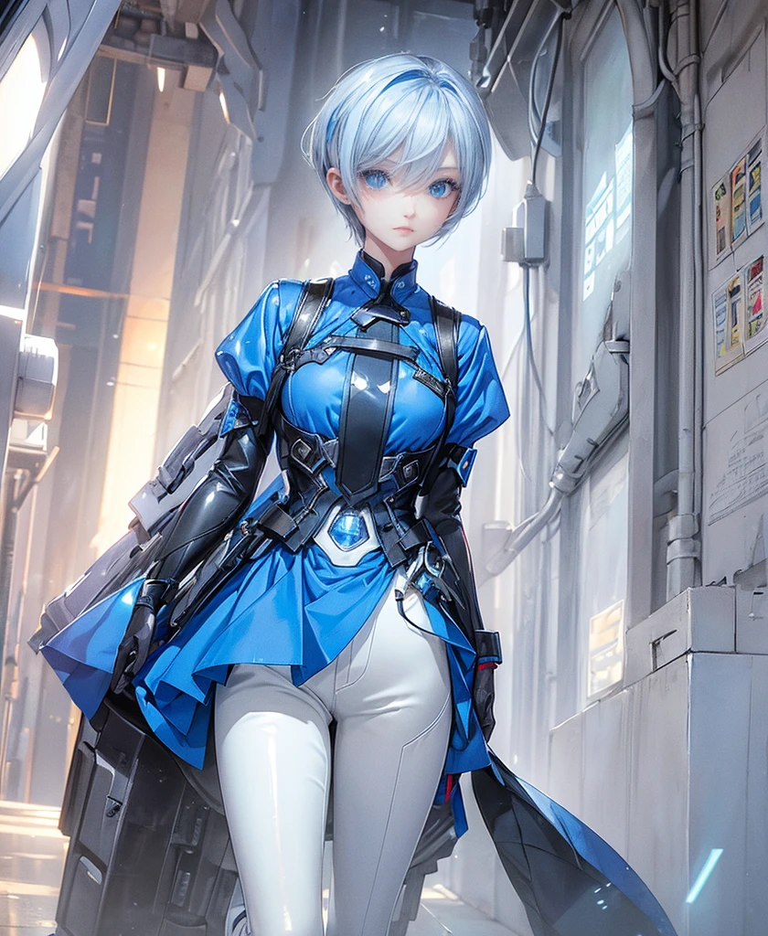 ((Holographic glow effect)),((4K Works))、masterpiece、(Highest quality)、One beautiful girl、The body is slim、expensive、((Blue shirt and white pants、Charming street style))、Please wear a cropped jacket、(Beautiful eyes in every detail)、Kneel、((short-haired gray hair))、((Makes your face smaller))、((Neutral face))、((Bright Blue Eyes))、((Adult female, 2))、((Cool woman))、((Like a celebrity))、((Korean Makeup))、((elongated and sharp eyes))、((boyish))、Professional photos、((Model Photo))、((Look up at the sky))、((Shooting from behind))、((She is looking upwards))、((Her eyes are looking up))、((Increase the angle of the face))、((She is walking in front of the viewer))、(Neckline), Elbow-length gloves、Knee-high boots、Polished floor