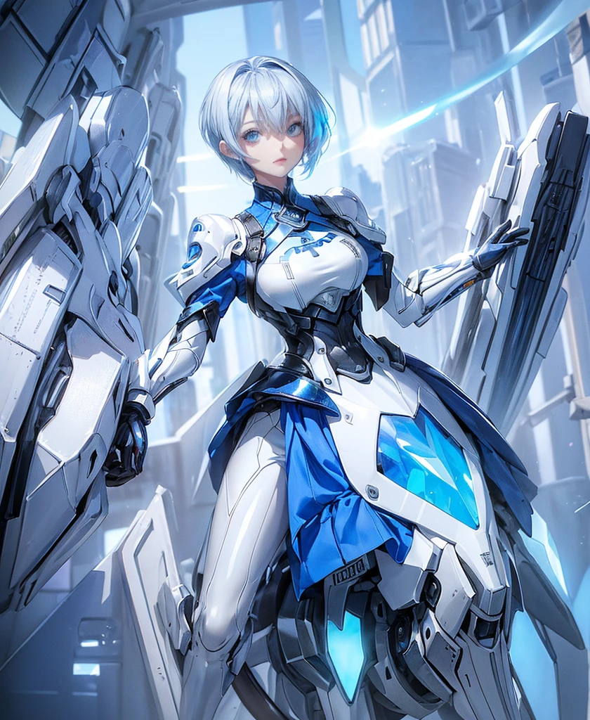 ((Holographic glow effect)),((4K Works))、masterpiece、(Highest quality)、One beautiful girl、The body is slim、expensive、((Blue shirt and white pants、Charming street style))、Please wear a cropped jacket、(Beautiful eyes in every detail)、Kneel、((short-haired gray hair))、((Makes your face smaller))、((Neutral face))、((Bright Blue Eyes))、((Adult female, 2))、((Cool woman))、((Like a celebrity))、((Korean Makeup))、((elongated and sharp eyes))、((boyish))、Professional photos、((Model Photo))、((Look up at the sky))、((Shooting from behind))、((She is looking upwards))、((Her eyes are looking up))、((Increase the angle of the face))、((She is walking in front of the viewer))、(Neckline), Elbow-length gloves、Knee-high boots、Polished floor